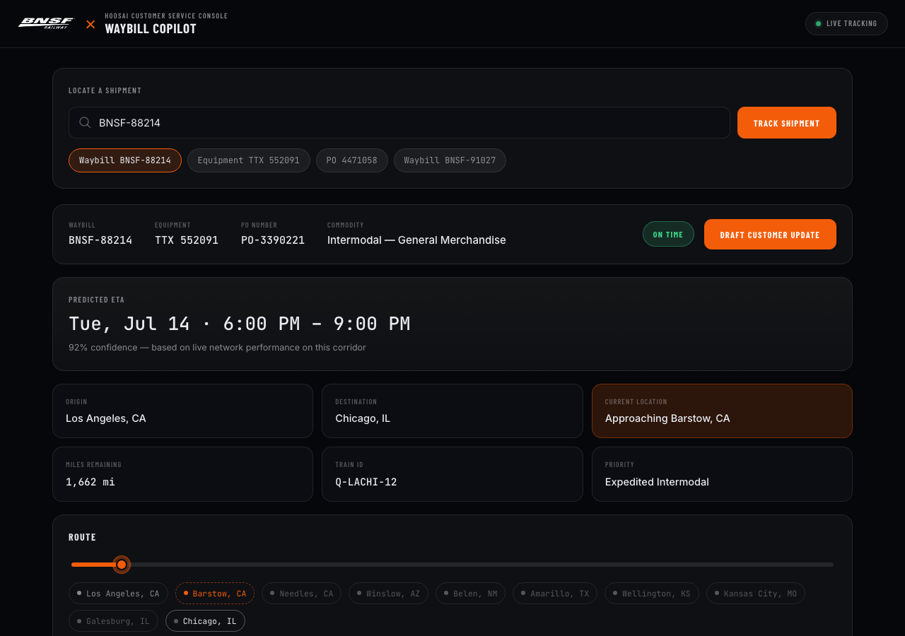 Screenshot of the Waybill Copilot shipment visibility console