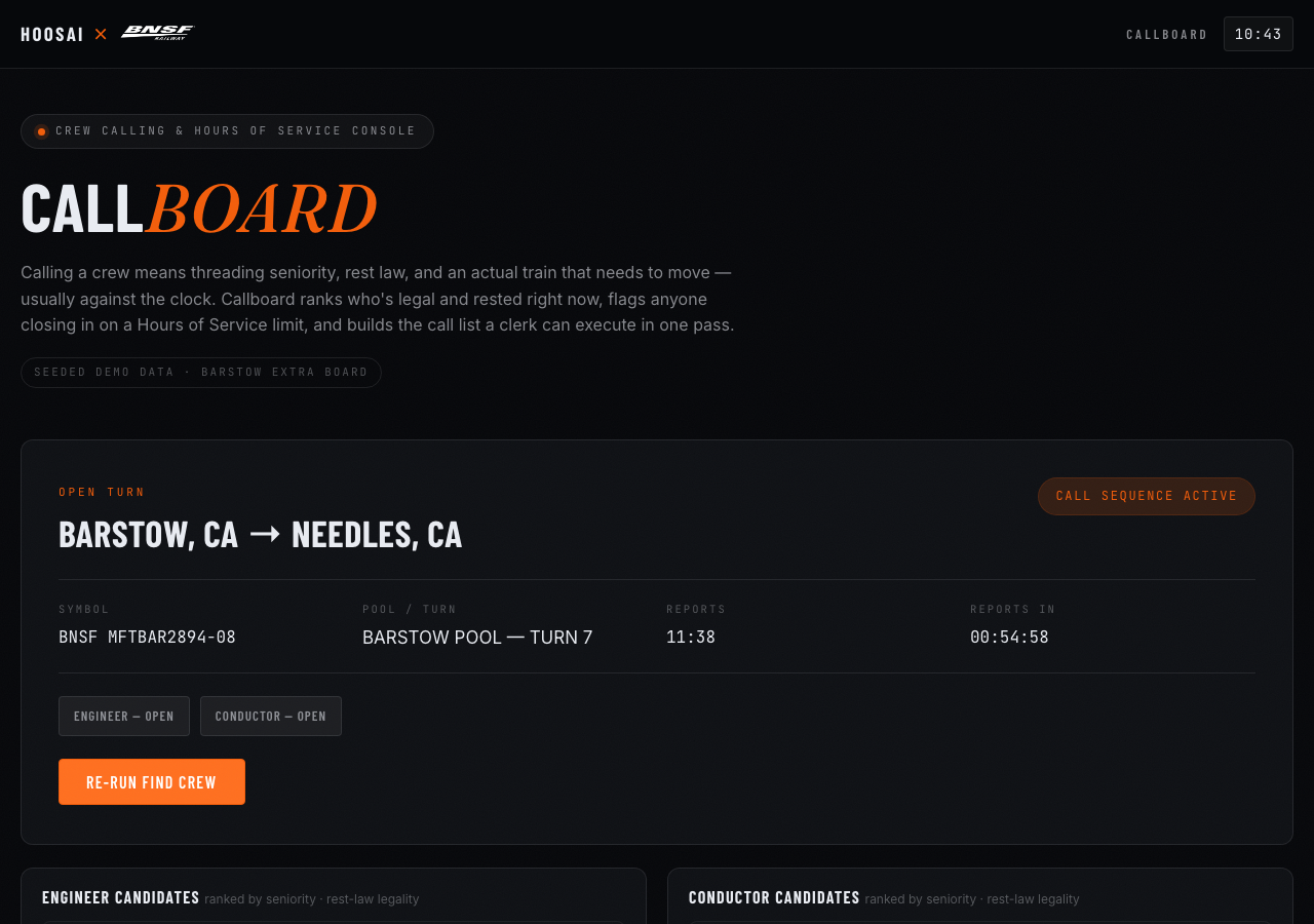 Screenshot of the Callboard crew calling console